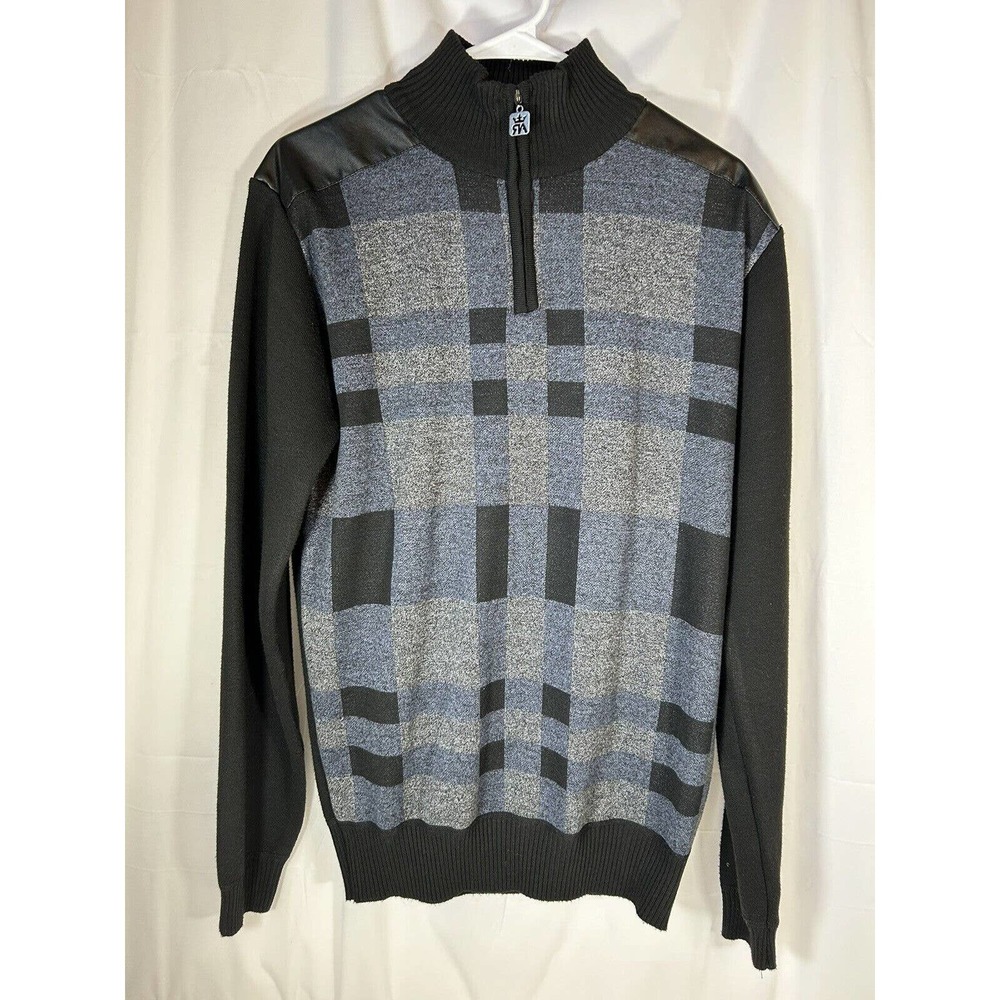 Red Ape sweater Mens Sz L Black Pullover 1/4 Zip striped Long Sleeve vinyl back